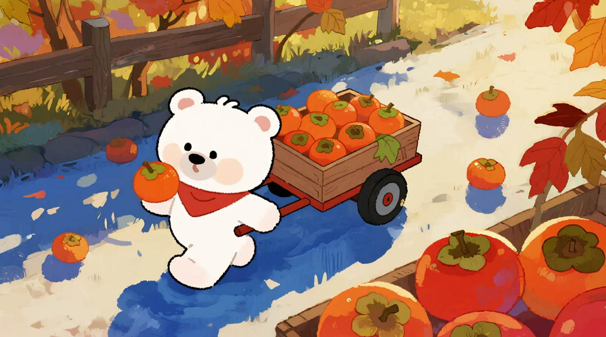 Five-panel AI image series of a white bear in colorful autumn scenes